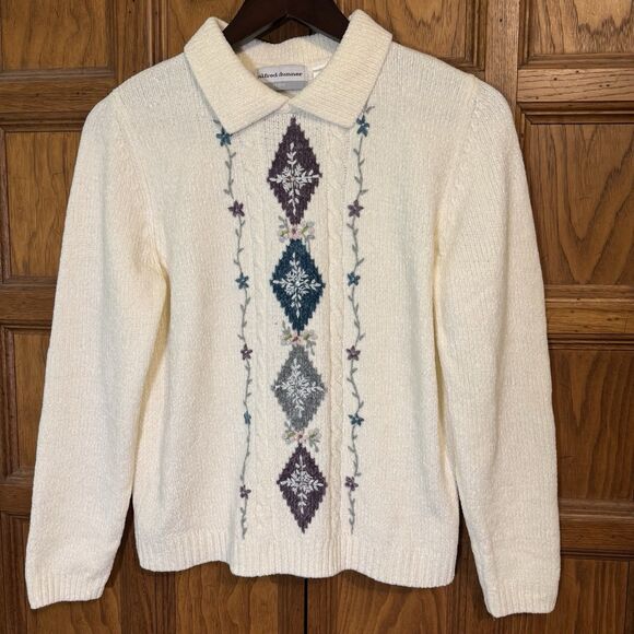 Alfred Dunner Womens PS Chenille Sweater Cream Cable Knit Embroidered Floral Top - Picture 3 of 9